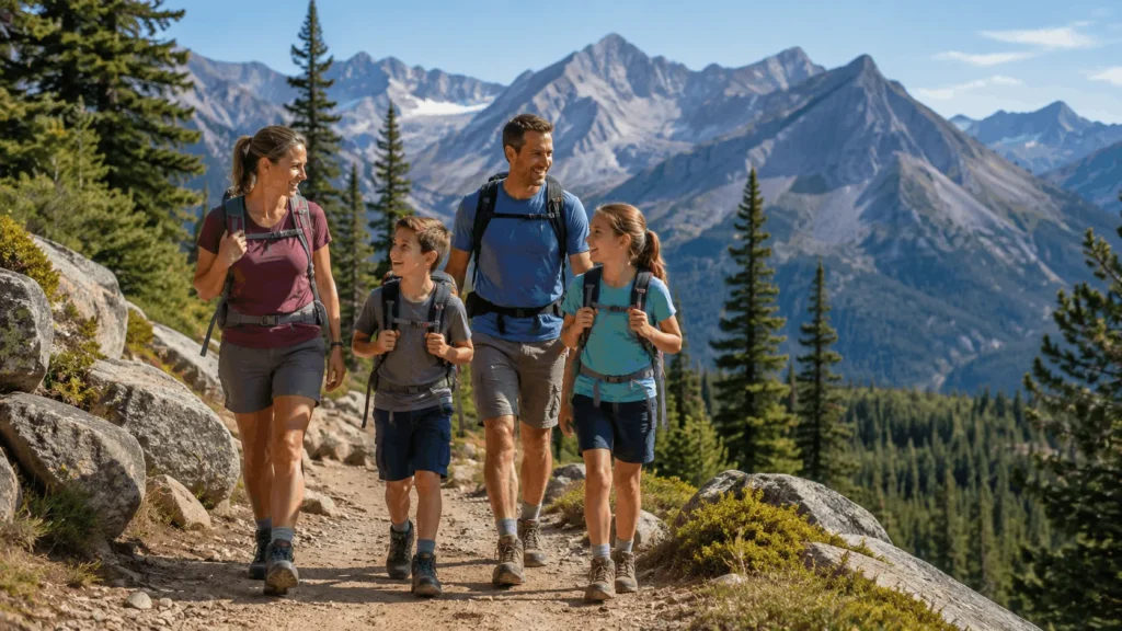Family of four hiking a scenic trail in a national park, an example of where to travel with family who enjoy nature