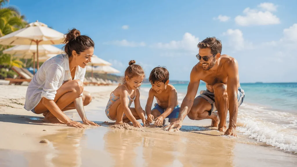Parents and two young children playing on a calm sandy beach, a popular pick for where to travel with family with toddlers