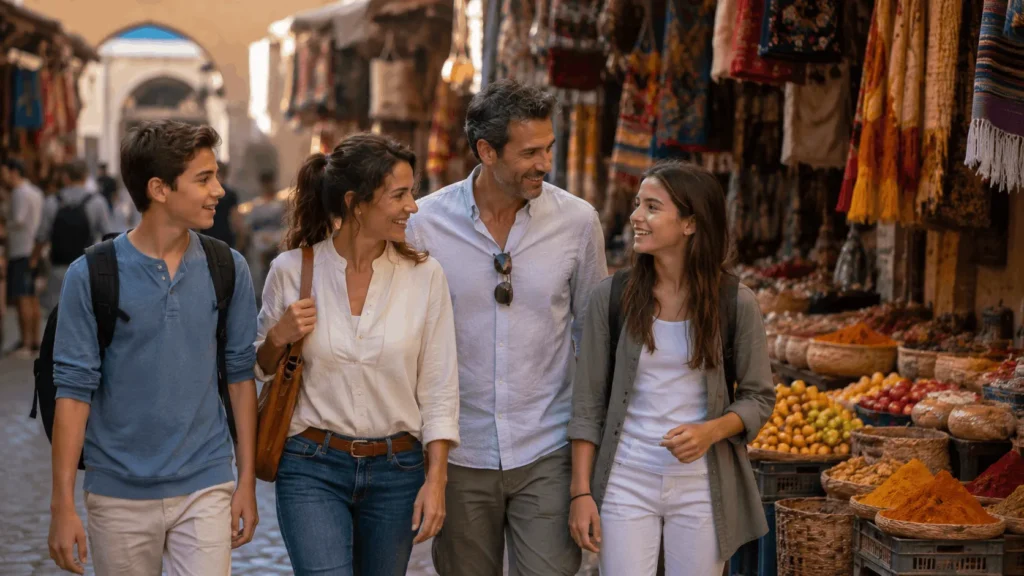 Parents and teenage kids exploring a lively outdoor market together, an example of where to travel with family on an international trip