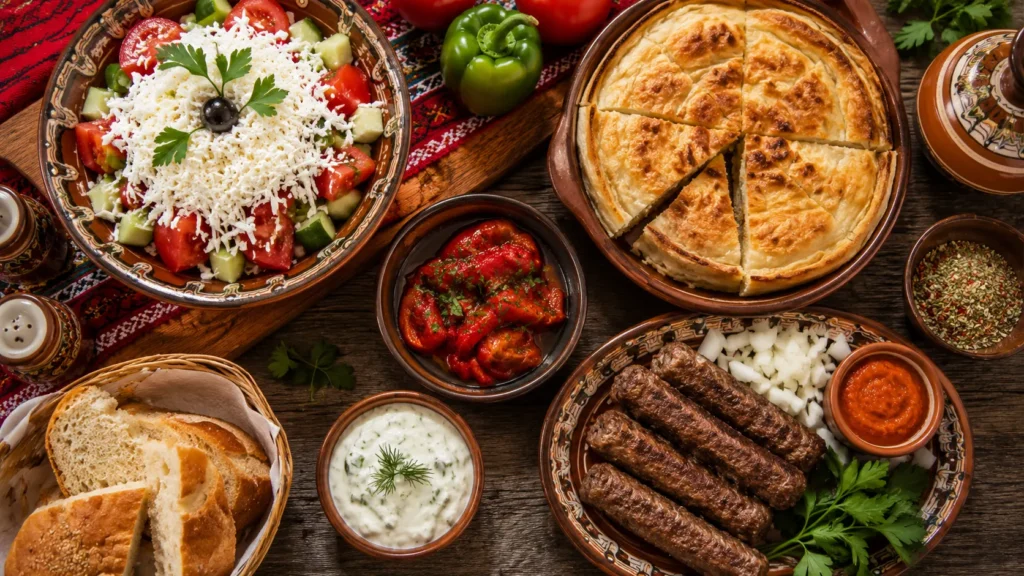 A traditional food spread showing what to eat alongside the best things to do in Bulgaria