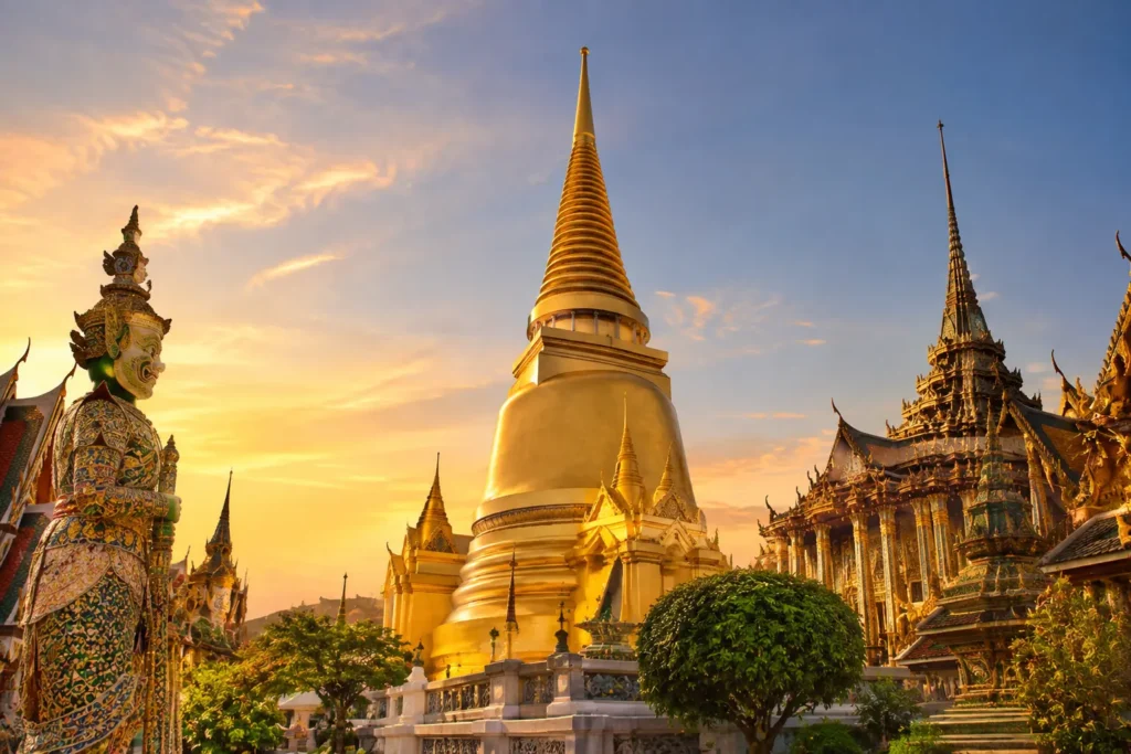 Golden Buddhist temple in Bangkok, Thailand, showcasing the country's Buddhist culture