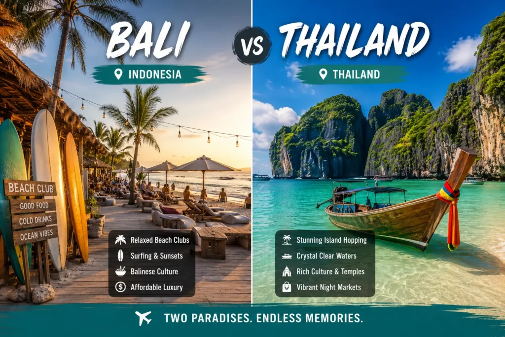Side-by-side comparison of Bali beach scene and Thailand island scenery