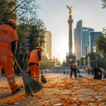 Sanitation workers performing day of the dead mexico city cleanup along Reforma avenue at sunrise