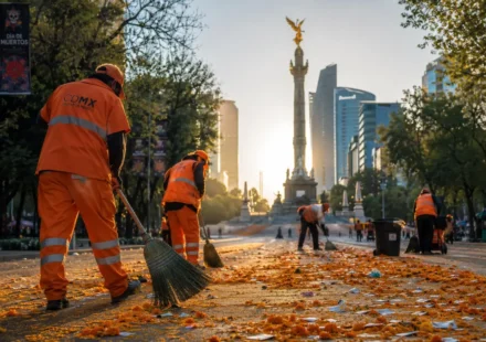Sanitation workers performing day of the dead mexico city cleanup along Reforma avenue at sunrise