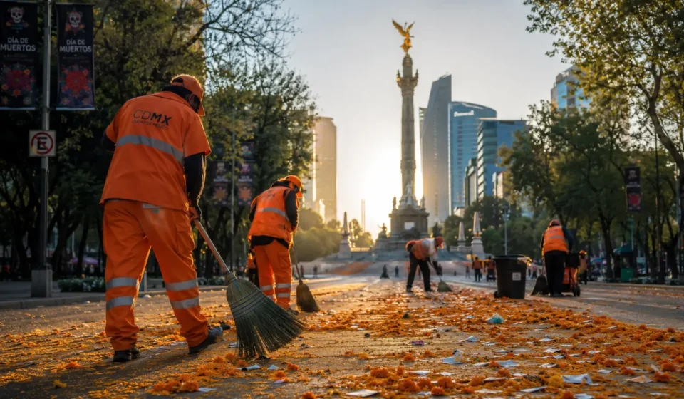 Sanitation workers performing day of the dead mexico city cleanup along Reforma avenue at sunrise