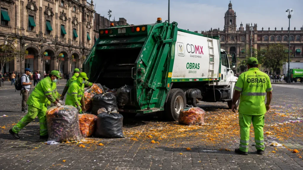 City trucks performing day of the dead mexico city cleanup by collecting flower and confetti waste