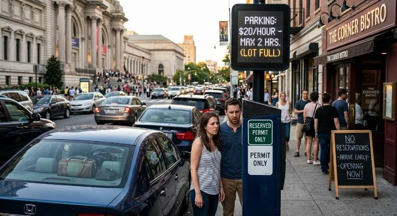 A couple looking dismayed in front of an expensive $20/hour "Lot Full" parking sign on a busy city street