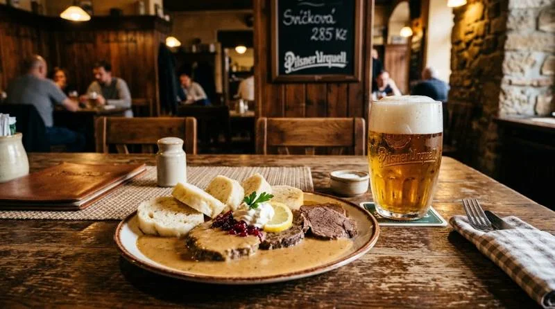 Svíčková and Czech beer at a local pub, a tasty part of Prague things to do