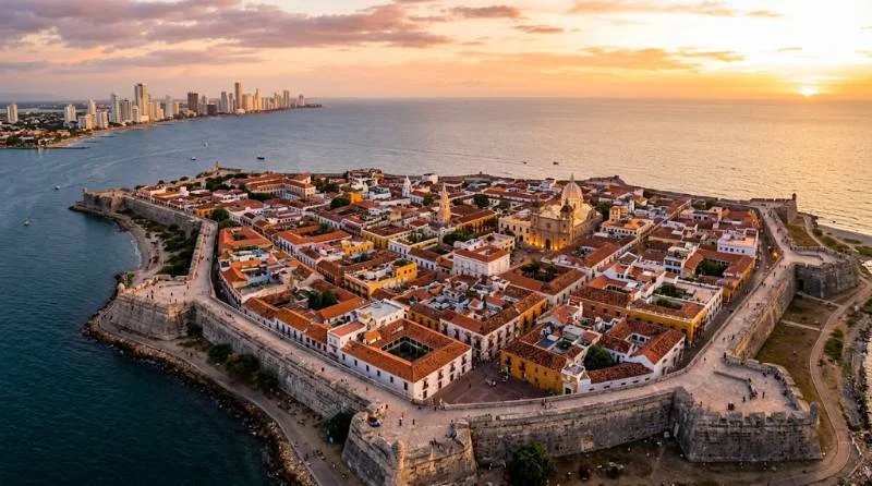 Aerial view of famous landmarks in Colombia including Cartagena's walled colonial city