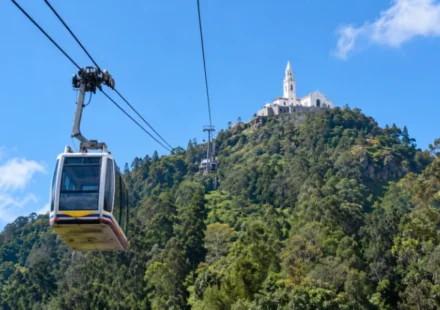 Cable car climbing toward Monserrate church, one of the famous landmarks in Colombia