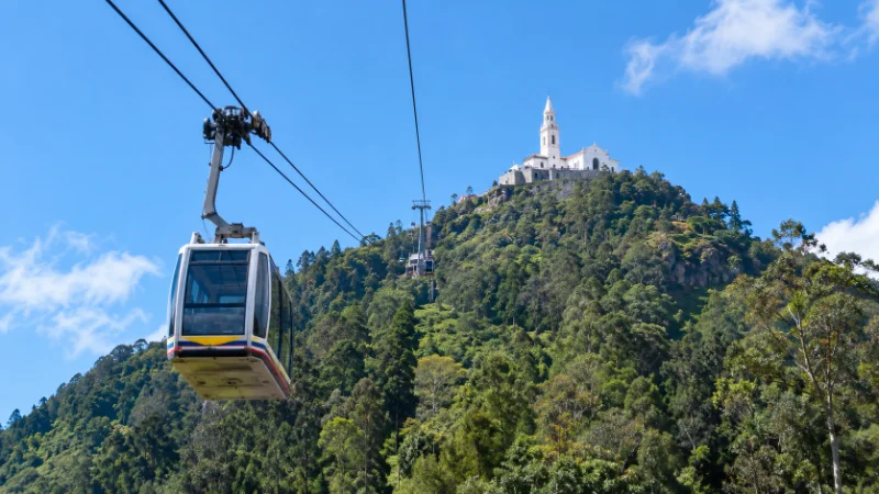 Cable car climbing toward Monserrate church, one of the famous landmarks in Colombia