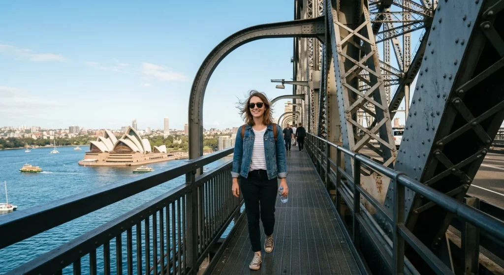 Traveler walking the Harbour Bridge pedestrian path, a free thing to do in Sydney Australia