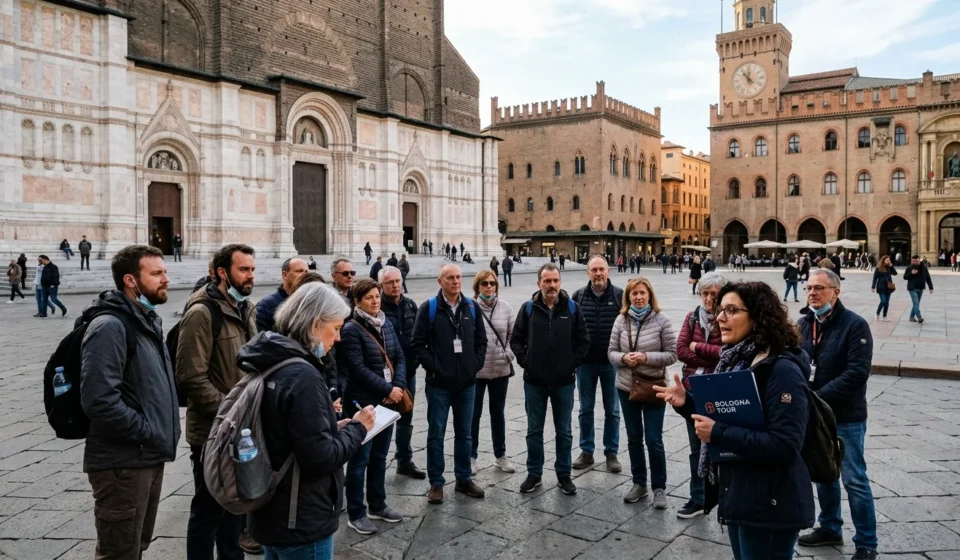 Tourists gathered for a free walking tour in Bologna at Piazza Maggiore