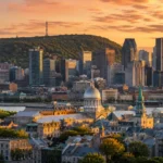 Montreal skyline at sunset showing fun things to do in Montreal including Old Montreal and Mount Royal