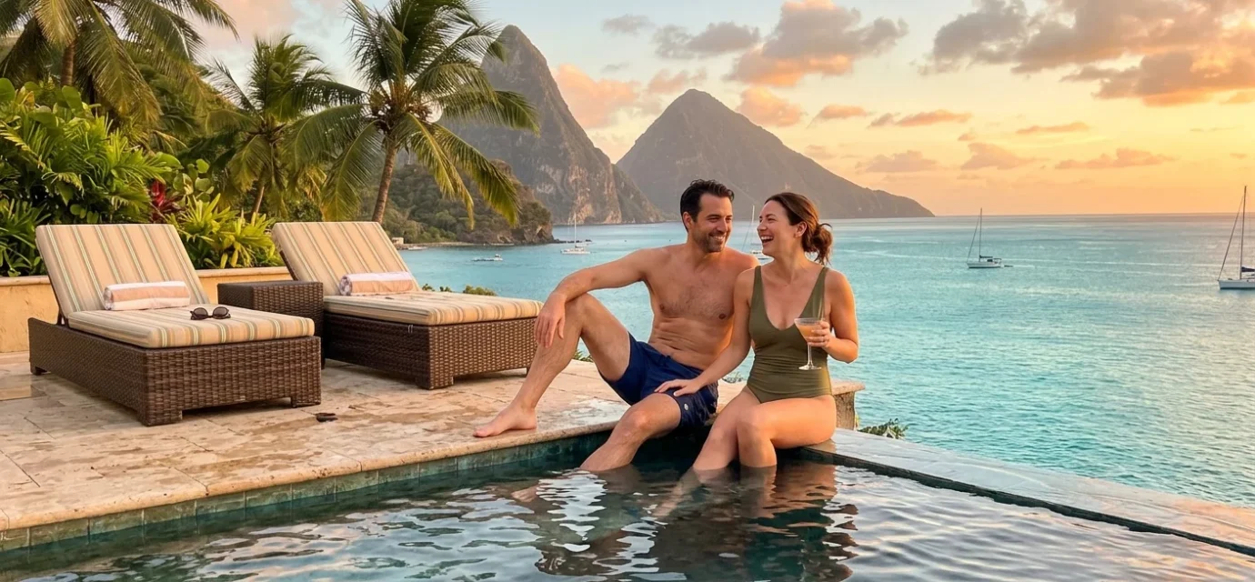 couple relaxing at all inclusive resorts in Mexico infinity pool