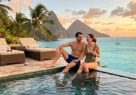 couple relaxing at all inclusive resorts in Mexico infinity pool