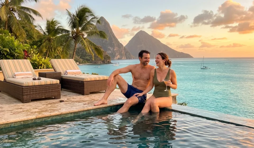 couple relaxing at all inclusive resorts in Mexico infinity pool