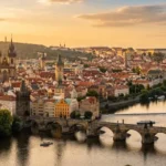 Prague things to do include viewing the Old Town rooftops and Charles Bridge at golden hour