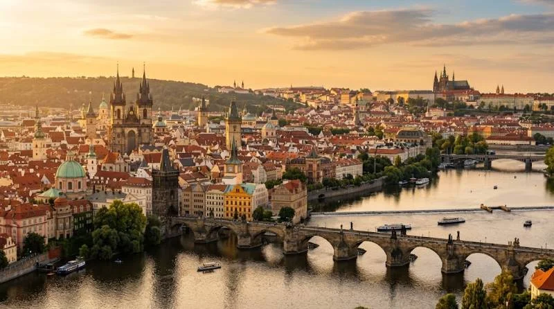Prague things to do include viewing the Old Town rooftops and Charles Bridge at golden hour