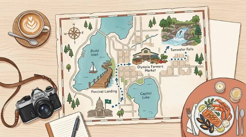 Illustrated one day itinerary map with Capitol, market and waterfront stops for things to do in Olympia