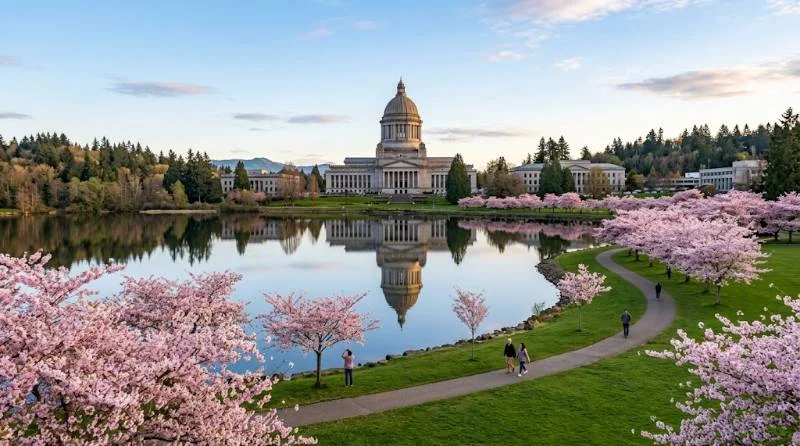 Washington State Capitol dome reflected in Capitol Lake, one of the top things to do in Olympia