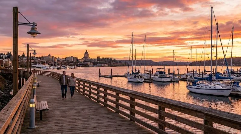 Percival Landing boardwalk and boats at sunset, a favorite of things to do in Olympia