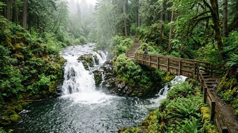 Waterfall and footbridge at Tumwater Falls Park, an easy nature stop among things to do in Olympia