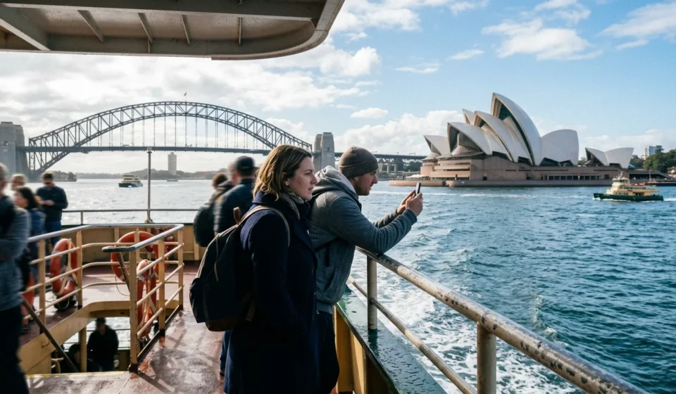 Sydney Opera House and Harbour Bridge seen from a ferry, one of the best things to do in Sydney Australia