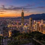 Taipei skyline at sunset showing things to do in Taipei including Taipei 101