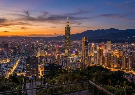Taipei skyline at sunset showing things to do in Taipei including Taipei 101