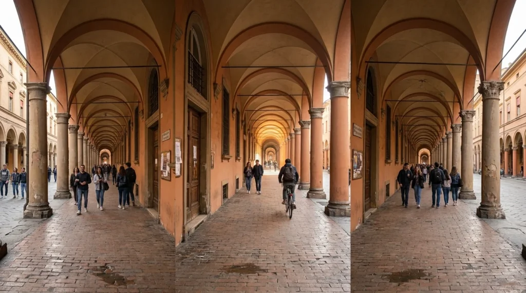 Porticoes near the university stop on the Bologna free walking tour