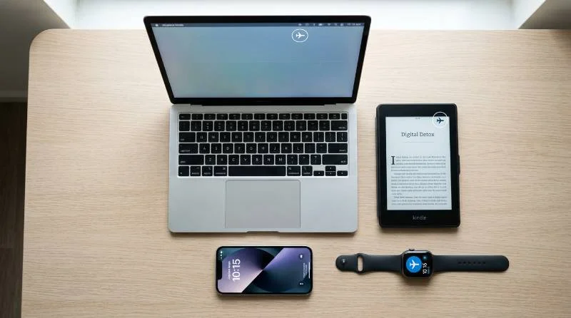 Multiple devices showing how to turn on airplane mode including phone and laptop