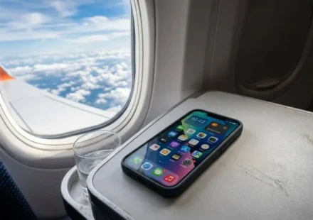 Smartphone with airplane mode icon active on a tray table during a flight