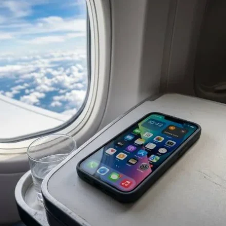 Smartphone with airplane mode icon active on a tray table during a flight