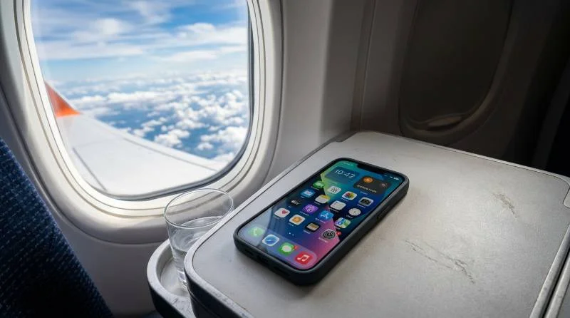 Smartphone with airplane mode icon active on a tray table during a flight