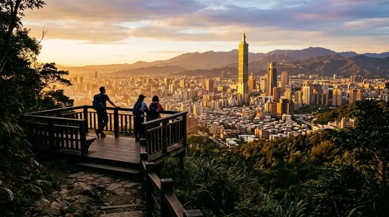 Hikers viewing Taipei 101 from Elephant Mountain, a top things to do in Taipei activity