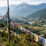 Things to do in Bhutan, view over the Paro valley with prayer flags