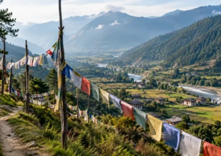 Things to do in Bhutan, view over the Paro valley with prayer flags