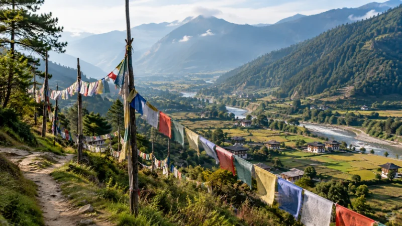 Things to do in Bhutan, view over the Paro valley with prayer flags