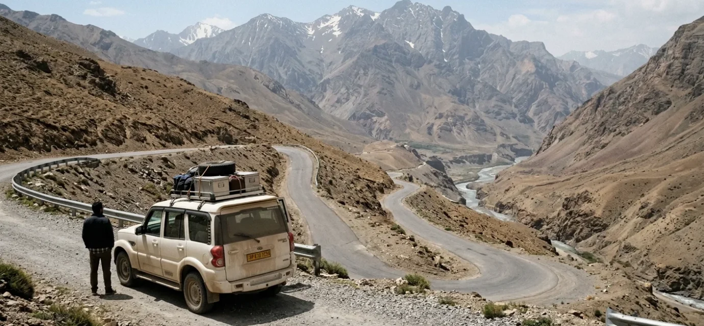 SUV driving a mountain highway on one of the best road trips in India