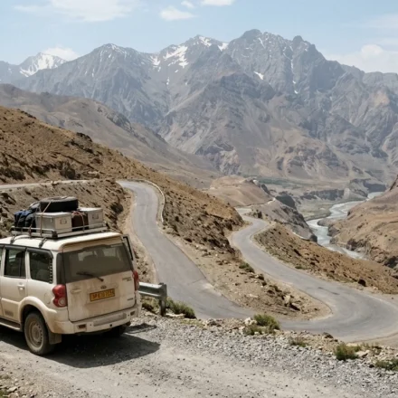 SUV driving a mountain highway on one of the best road trips in India