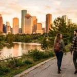 Travelers walking Buffalo Bayou Park trail with the skyline, one of the best things to do in Houston