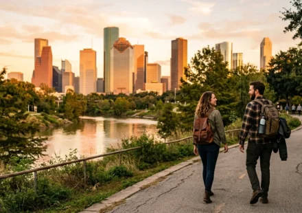 Travelers walking Buffalo Bayou Park trail with the skyline, one of the best things to do in Houston