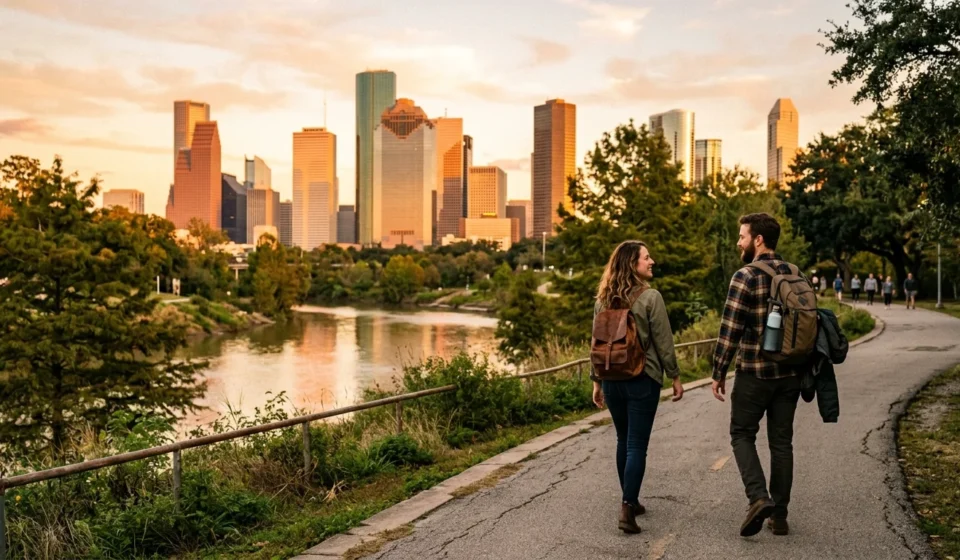 Travelers walking Buffalo Bayou Park trail with the skyline, one of the best things to do in Houston