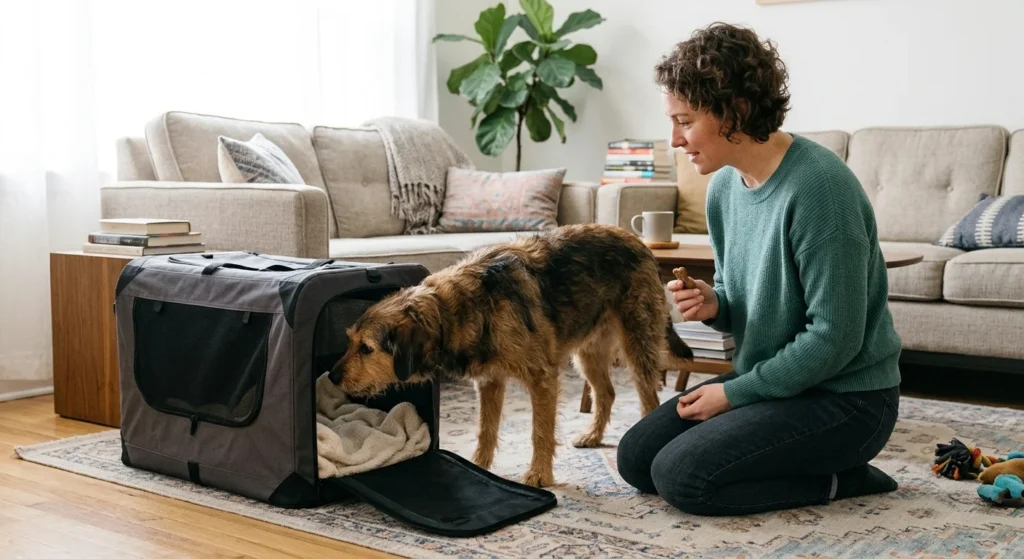 Dog stepping into a dog travel crate during crate training at home