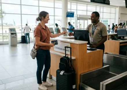 Traveler showing a photo ID at a check-in counter while asking do you need a passport to go to Puerto Rico