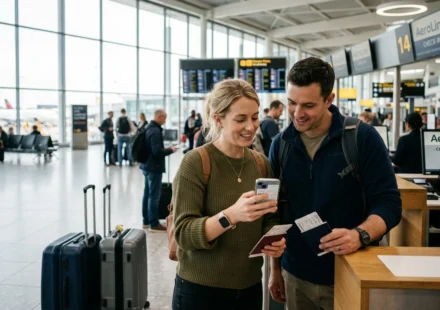Couple checking trip details at an airport while wondering does State Farm offer travel insurance