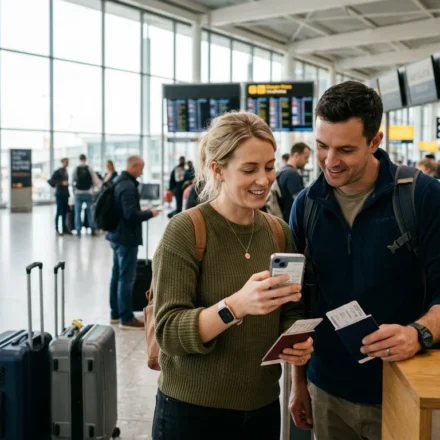 Couple checking trip details at an airport while wondering does State Farm offer travel insurance