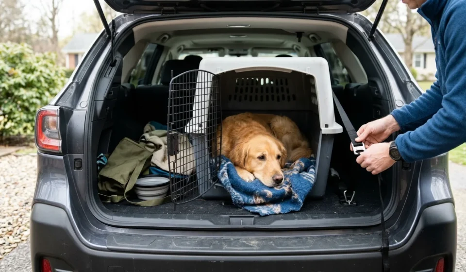 Golden retriever resting in a dog travel crate secured in an SUV cargo area