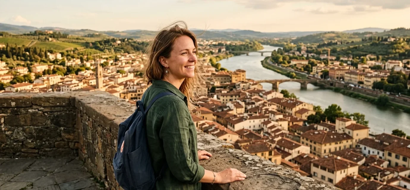 Traveler enjoying one of the fun places to travel, overlooking an old city at sunset